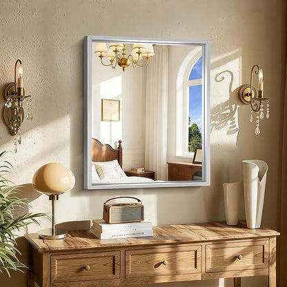 CIRCUMI 24"x30" Brushed Silver Mirror with Chunky Box Metal Frame, Bathroom Mirror for Vanity Remodel & New Home, Living Room, Entryway, Rectangular Wall Mirror, Tempered Glass, Vertical or Horizontal