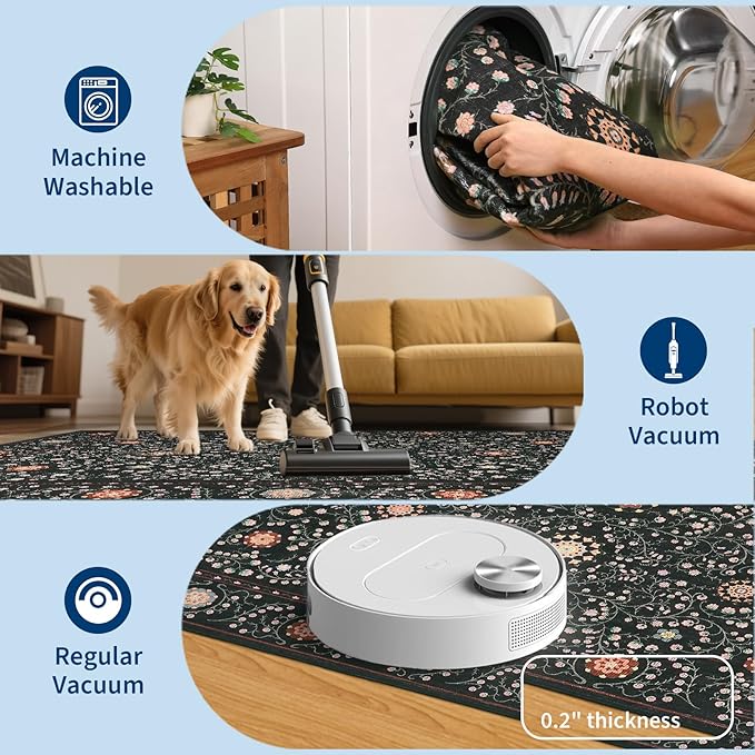 GarveeHome Boho Round Rug 4ft for Bedroom Non Slip, Vintage Botanical Circle Rugs Washable Area Rug for Kitchen Stain Resistant, Low Pile Soft Black Circular Carpet for Nursery Entryway