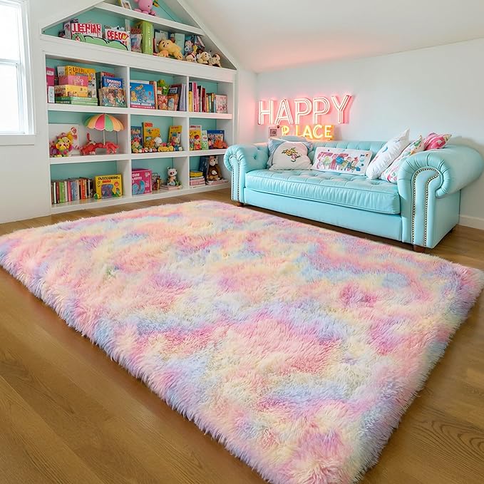 KICHOWUA Thick Area Rug 5x8 Unicorn Fluffy Shag for Girls Bedroom, Rainbow Soft Fuzzy Furry Shaggy Pastel Rug for Living Room,Thickened Washable Non Slip Princess Kids Nursery Boys Dorm Room Carpets
