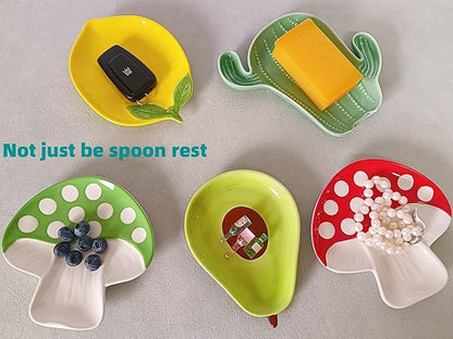 Ceramic Spoon Rest for Stove Top & Kitchen Counter Spoon Holder for Stove & Cooking Spoon Holder for Ladle Cute Spoon & Utensil Rest Tong Spatula Rest, Mushroom Kitchen Decor & Accessories (Green)