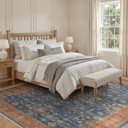 6x9 Area Rug for Living Room- Machine Washable Soft Oriental Vintage Large Indoor Floor Carpet for Bedroom Under Dining Table Home Office Decor - Blue Terracotta