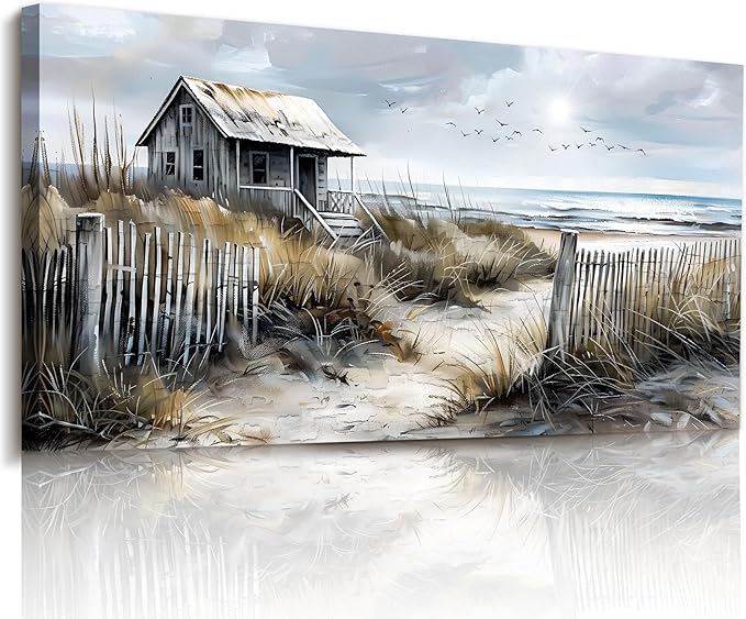 imjiayu Oversized Wall Art, Landscape Wall Art, Rustic Wall Decor, Retro Beach Log Cabin Art Prints, Nostalgic Extra Large Paintings for Living Room Dining Room Farmhouse Home Decoration 29"x57"