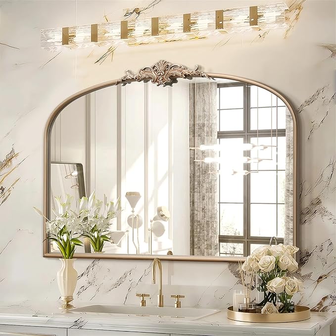 Besdomus Arched Vintage Gold Mirror: 40"x29" French Large Champagne Gold Antique Wall Vanity Mirror - Baroque Traditional Ornate for Fireplace/Bathroom/Living Room - Home Decor for Fashion-Conscious
