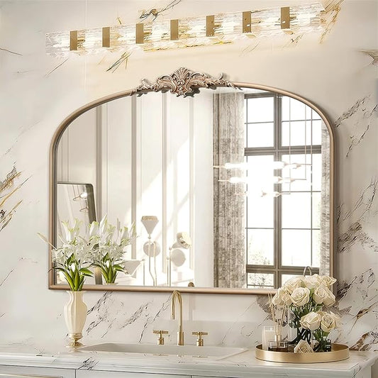 Besdomus Arched Vintage Gold Mirror: 40"x29" French Large Champagne Gold Antique Wall Vanity Mirror - Baroque Traditional Ornate for Fireplace/Bathroom/Living Room - Home Decor for Fashion-Conscious