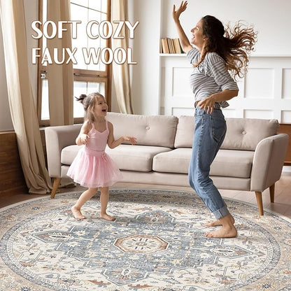 Round Rug Living Room Rugs: 6Ft Washable Boho Neutral Large Circle Soft Indoor Distressed Stain Resistant Floor Farmhouse Carpet for Bedroom Nursery Kids Playroom Office Dining Room Dorm- Beige Blue