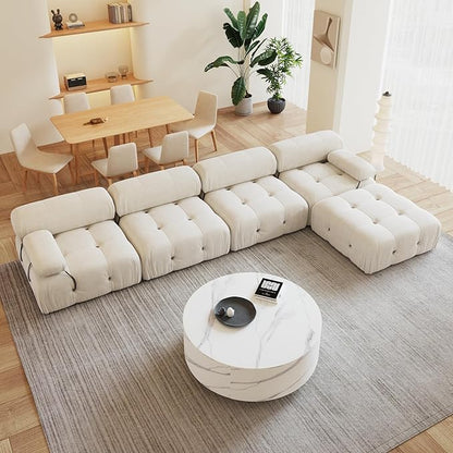 138'' Modular Sectional Couch, L-Shaped Velvet Sofa with Reversible Chaise Ottoman, Minimalist Bubble Couch, Modern Cloud Sectional Couches for Living Room, Apartment (4 Seats, 1 Ottoman, Beige)