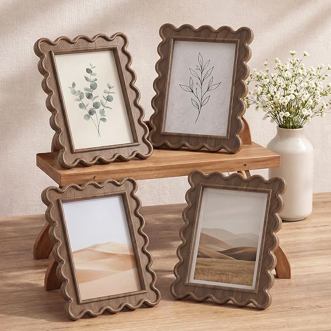 Novabright 4 Pcs 4 x 6 Inch Wood Petal Picture Frame Vintage Photo Frame with Real Glass for Tabletop and Wall Display Home Decor Photo Gallery Family Friend Wedding Graduation Gift