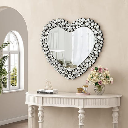 SHYFOY Decorative Heart Wall Mirror, 27.6x30.7 Crystal Round Mirror for Wall Decor, Jeweled Framless Wall Mirrors Modern Accent Silver Wall Decor for Bedroom Livingroom Hallway