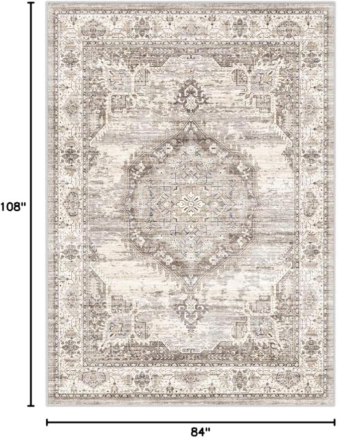 Washable Rugs 7x9 Area Rug：Large Rugs for Living Room - Oriential Distressed Printed Floral Carpet - Non Slip with Rubber Backing Area Rug 7'x9' Beige