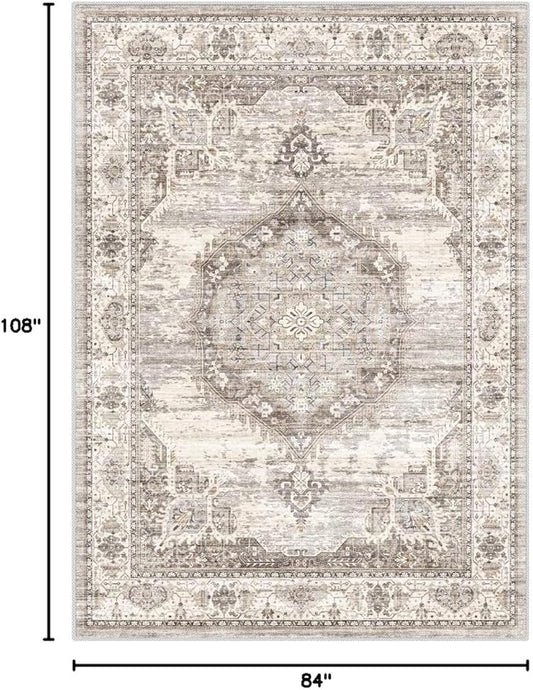 Washable Rugs 7x9 Area Rug：Large Rugs for Living Room - Oriential Distressed Printed Floral Carpet - Non Slip with Rubber Backing Area Rug 7'x9' Beige
