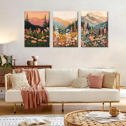 KBKBART Boho Colorful Landscape wall art Set of 3, Wildflower Mountain Wall Decor Vintage Floral Forest Paintings Rustic Nature Pictures Canvas Prints for Living Room Bedroom Dining Room 12x16 Inch
