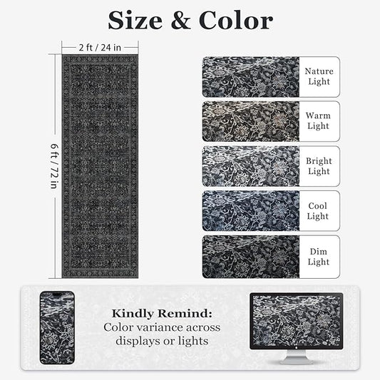 Dark 2x6 Runner Rug for Hallways Entryway, Vintage Earth Tone Kitchen Bathroom Runner 6ft, Non Slip Washable Low Pile Thin Carpet Runner for Mudroom/Laundry Room/Bedroom Bedside, Midnight