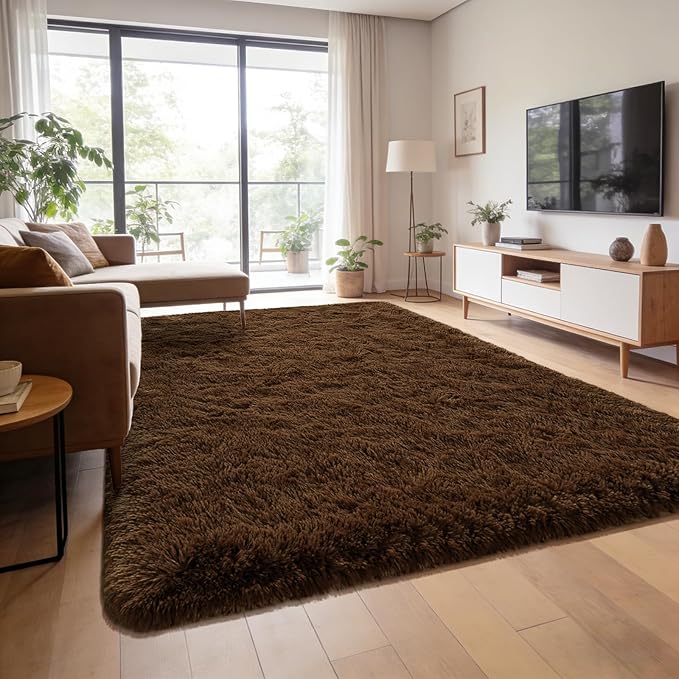 Andecor Soft Fluffy Bedroom Rugs, 5 x 8 Feet Indoor Shaggy Plush Area Rug for Boys Girls Kids Baby College Dorm Living Room Home Decor Floor Carpet, Coffee