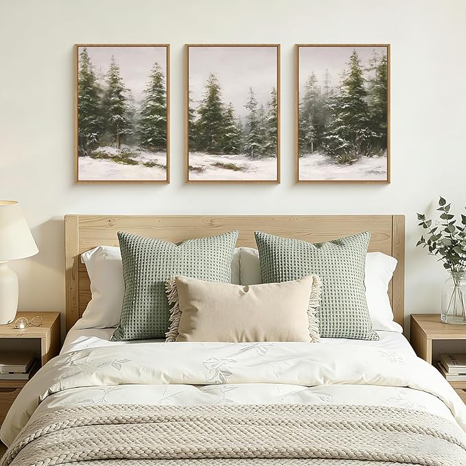 HPNIUB Green Pine Tree Landscape Framed Wall Art Set,Modern Foggy Forest Wall Decor,Nature Tree Woodland Printing,Calming Nordic Wilderness Scenic Artwork for Living Room, Bedroom,Office-16''x24''x3