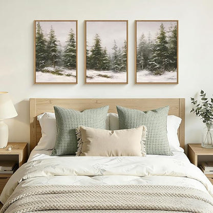 HPNIUB Green Pine Tree Landscape Framed Wall Art Set,Modern Foggy Forest Wall Decor,Nature Tree Woodland Printing,Calming Nordic Wilderness Scenic Artwork for Living Room, Bedroom,Office-16''x24''x3