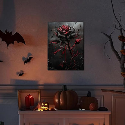 Gothic Canvas Wall Art Set of 3, Romantic Rose Halloween Wall Decor Paintings, Dark Goth Crow Skull Posters Prints for Bathroom Living Room Gallery Home Decor 12x16In Framed