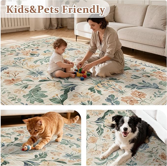 5x7 Area Rugs Washable Rug: Lagre Boho Living Room Rug Soft Non-Slip Thin Carpet Indoor Floor Non-Shedding Neutral Floral Carpets for Bedroom Dining Room Farmhouse Nursery Beige