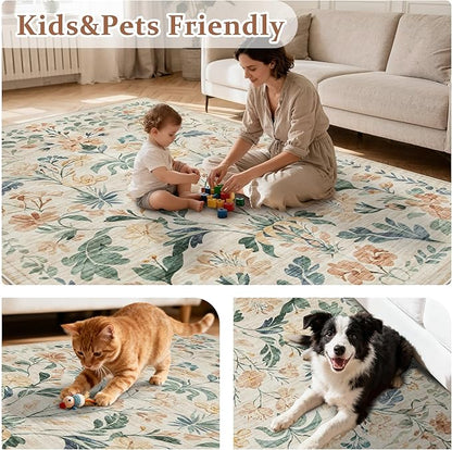 6x9 Area Rugs Washable Rug: Lagre Boho Living Room Rug Soft Non-Slip Thin Carpet Indoor Floor Non-Shedding Neutral Floral Carpets for Bedroom Dining Room Farmhouse Nursery Beige