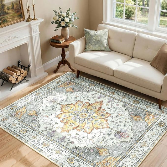 RELEANY Area Rugs 4'x5' Washable Non-Slip, Floral Vintage Distress Print Pattern Medallion Carpet for Living Room Bedroom Dining Room, Light Yellow Carbon Grey Orange