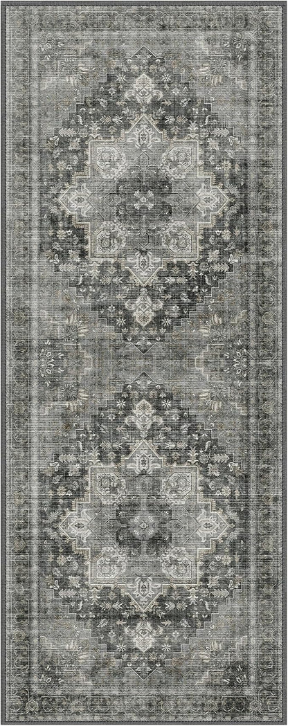 GENIMO 2'6"x10 Runner Rugs for Hallway, Machine Washable Non Slip Vintage Rugs, Low Pile Lightweight Soft Print Rug for enrtyway, Corridor, Home Office, Kitchen, Charcoal Gray