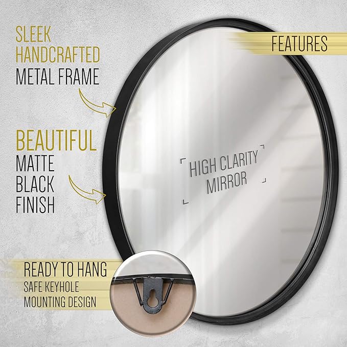 HBCY Creations Large Round Mirror, Black 30 inch Wall Mirror for Entryway, Bathroom, Living Room and More, Modern Minimalist Mirror for Both Rustic and Boho Design and Decor