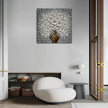 Epicler Hand-Painted 3D Abstract Modern Oil Painting Wall Art,24x24 Inch White Flower Painting, Flower Wall Art Painting,Living Room Bedroom Wall Decoration Oil Painting Ready to Hang