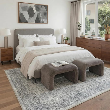 GENIMO 8x10 Area Rugs for Living Room, Machine Washable Non Slip Vintage Rugs, Low Pile Lightweight Chenille Print Rug for Bedroom, Dining Room, Home Office, Grey