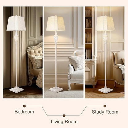 LuxSight Collection Floor Lamp for Living Room, Vintage Standing Lamp with Nightlight, 65" Tall Lamp with White Linen Shade, Farmhouse Rustic Floor Lamp for Bedroom, Office, Corner (LED Bulb Included)