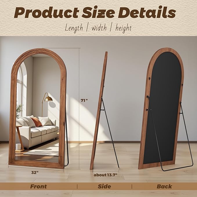 Antok Full Length Mirror with Solid Wood Frame, 76"×34" Wall Mounted Oversized Floor Mirror with Stand, Leaning Standing Hanging for Bedroom Living Room Entryway, Brown, Arched Syle