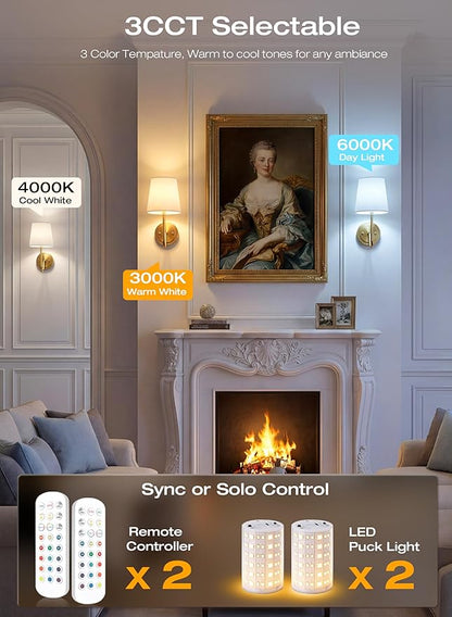CLOUDY BAY 10000mAh Battery Operated Wall Sconces,Up to 100 Hours with Rechargeable RGB Dimmable Magnetic Bulb,Cordless Wall Lighting Fixtures with Remote for Bedroom,Soft Gold,2 Pack-12inch