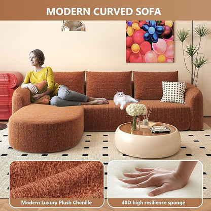 Settab 111" Modular Sectional Couches Luxury Modern Curved Back Sofa,Minimalist Comfy L-Shape Boneless Cloud Couch for Living Room Apartment,(Left Facing Chaise,Orange)