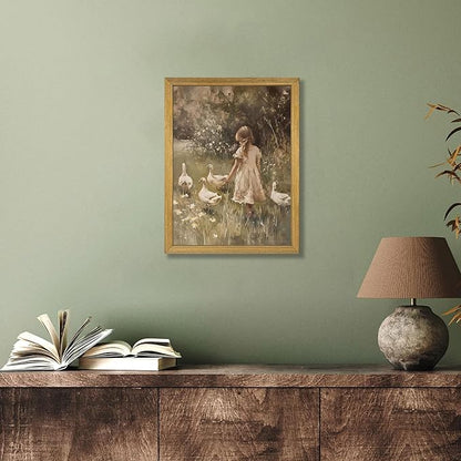 Wood Framed Canvas Wall Art, Vintage Girl with Ducks Painting Poster, Countryside Pastoral Landscape Print Picture, Rustic Farmhouse Wall Decor for Living Room Bedroom Nursery 12x16 inch