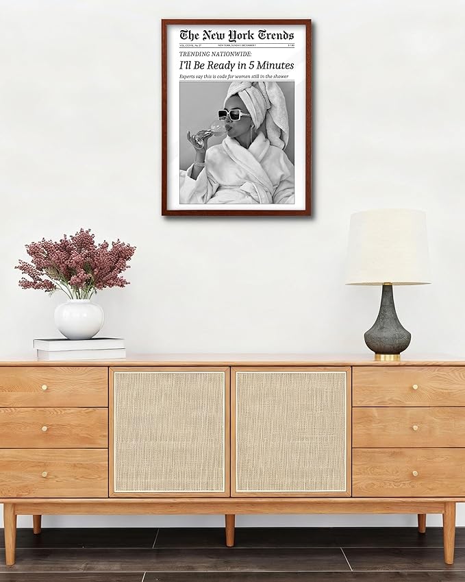 EcoHest 12x16 in Walnut Solid OAK Wood Framed Wall Art, Newspaper I'll Be Ready in 5 Minutes Print, Feminist Makeup Canvas Wall Art Home Decor, Retro Bathroom Decor, Set of 1 For Bedroom Living Room