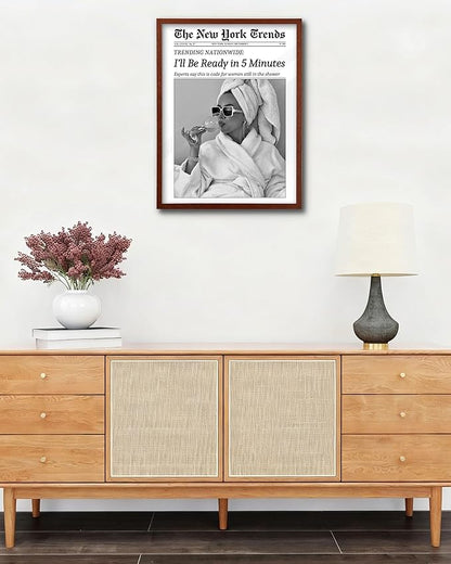 EcoHest 12x16 in Walnut Solid OAK Wood Framed Wall Art, Newspaper I'll Be Ready in 5 Minutes Print, Feminist Makeup Canvas Wall Art Home Decor, Retro Bathroom Decor, Set of 1 For Bedroom Living Room