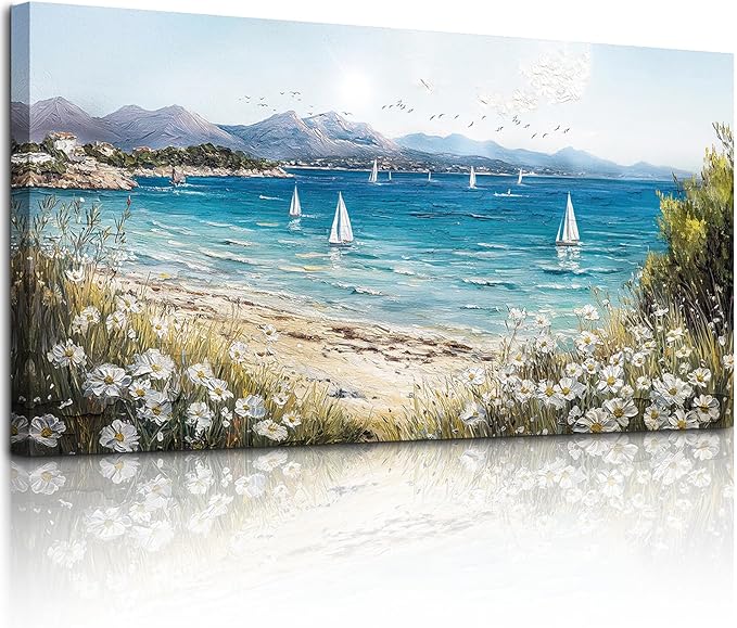 SERIMINO Coastal Landscape Large Wall Art, Beach Daisy Canvas Art Prints, Bay Sailboat Artwork for Walls, Nature Ocean Scenery Paintings Wall Decor Living Room Bedroom, Rustic Home Decor 24"X48"