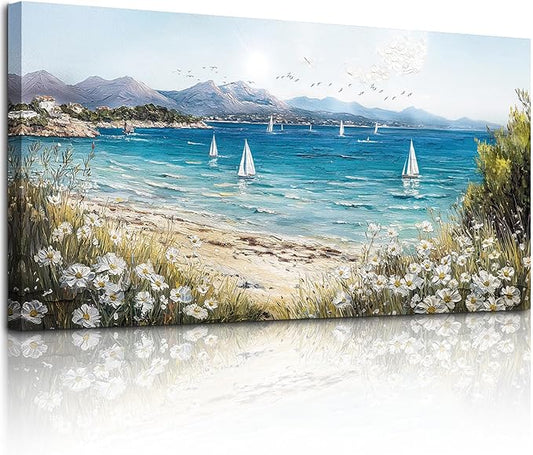 SERIMINO Coastal Landscape Large Wall Art, Beach Daisy Canvas Art Prints, Bay Sailboat Artwork for Walls, Nature Ocean Scenery Paintings Wall Decor Living Room Bedroom, Rustic Home Decor 20"X40"