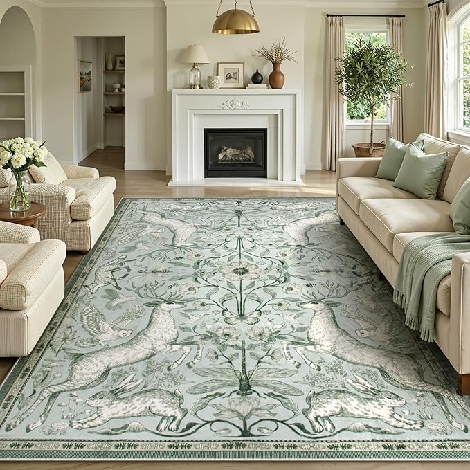 Lahome 8x10 Washable Deer Rug, Dorval Boho Woodland Cottage Area Rug, Non Slip Low Pile Large Light Green Carpet for Living Room Bedroom Dining Room Kitchen Nursery Decor