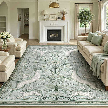 Lahome 8x10 Washable Deer Rug, Dorval Boho Woodland Cottage Area Rug, Non Slip Low Pile Large Light Green Carpet for Living Room Bedroom Dining Room Kitchen Nursery Decor