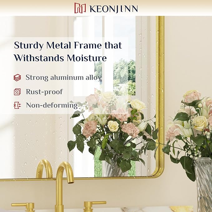 Keonjinn Gold Bathroom Mirrors for Over Sink, 22” x 30” Rounded Rectangle Brushed Gold Vanity Mirror, Anti-Rust Brass Mirror with HD Tempered Glass, Decorative Farmhouse Mirrors, Horizontal/Vertical