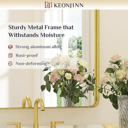 Keonjinn Gold Bathroom Mirrors for Wall 20 x 30 Inch Rounded Rectangle Gold Vanity Mirror, Brushed Brass Mirror with Metal Frame, HD Tempered Glass, Decorative Farmhouse Mirror(Horizontal/Vertical)