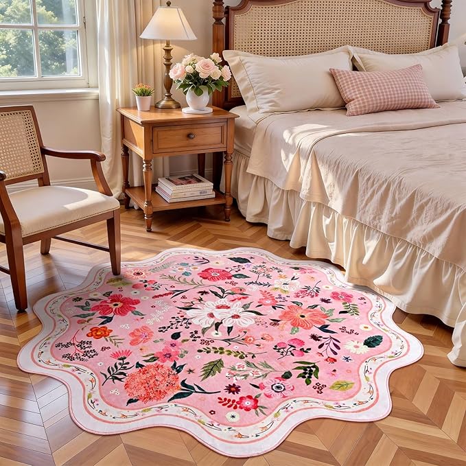Macgace Pink Round Rug for Girls Bedroom, 4ft Machine Washable Floral Area Rugs with Non Slip Backing, Cute Flower Carpet Kitchen Living Room Kids Playroom Decor
