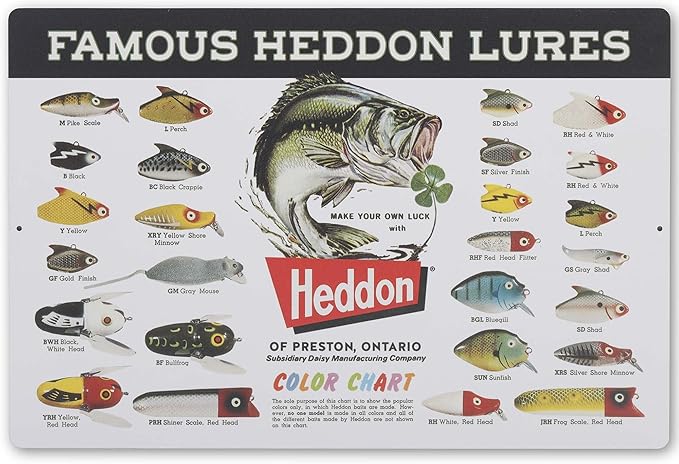 Heddon Famous Lures Color Chart Metal Sign - Vintage Heddon Wall Decor for Man Cave or Garage