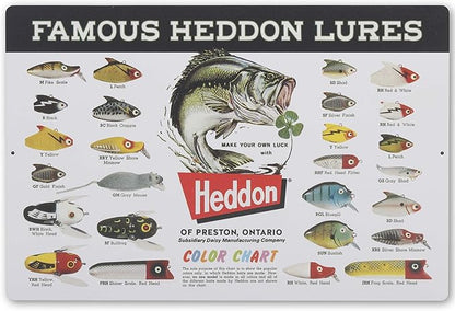 Heddon Famous Lures Color Chart Metal Sign - Vintage Heddon Wall Decor for Man Cave or Garage