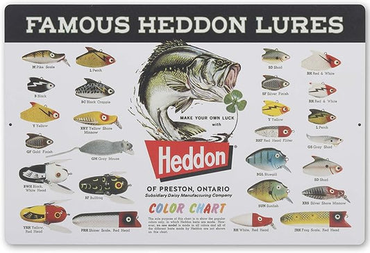 Heddon Famous Lures Color Chart Metal Sign - Vintage Heddon Wall Decor for Man Cave or Garage