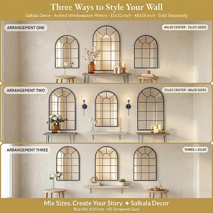 Blue Arched Windowpane Mirror 32x20 Inch, Decorative Mirrors for Wall Entryway Living Room, Farmhouse Arch Window Pane Mirror, Large Wall Mirror for Home Decor