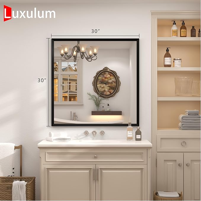 Black Framed Bathroom Mirror for Over Sink 30" x 30", Square Beveled Framed Vanity Mirror with Aluminum Alloy Frame, Right Angle Corner, HD Reflection