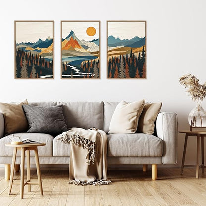 HLNIUC Large Sunset Mountain Framed Wall Art,Boho Forest Pine Tree Canvas Wall Decor Set of 3(16”X24”) Blue and Orange Landscape Art Print,Colorful Mountain Lake Wall Painting for Living Room,Bedroom