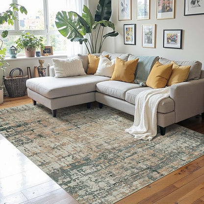 Rugxara 4x6 Rug for Living Room Bedroom, Grey Washable Throw Rugs, Abstract Area Rugs, Non Slip & Low Pile Accent Carpet for Indoor Dining Room, Kids Room and Office(Moss)