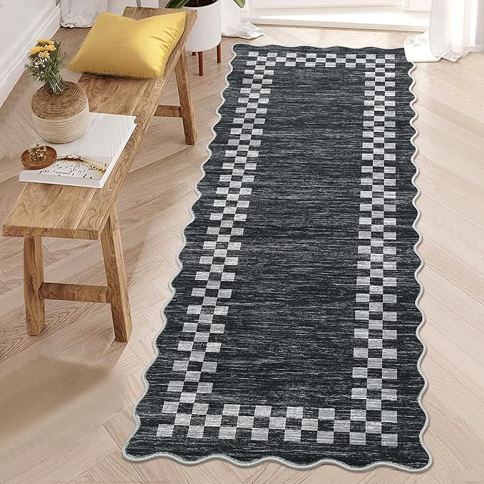 Washable Runner Rug 2x10 Modern Bordered Hallway Runner Rug Non Slip Kitchen Throw Carpet Checkered Bathroom Entryway Runner Rugs Low Pile Solid Area Rugs for Living Room Bedroom Nursery Sink, Grey