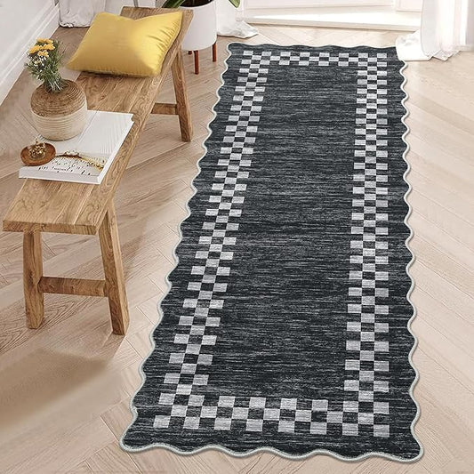 Rug Runners for Hallways 2x8 Washable Kitchen Runner Rug Non Slip Low Pile Bedside Throw Carpet Modern Bordered Bathroom Runners Checkered Area Rug for Living Room Bedroom Entryway Nursery, Grey
